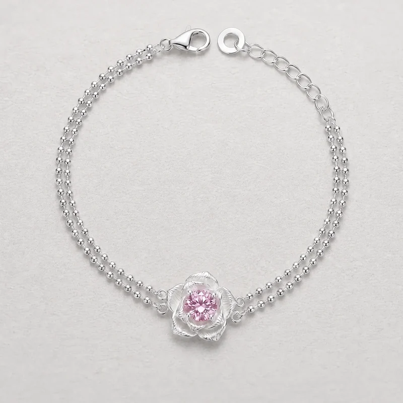 ROSE REVERIE — Pink Zircon Blossom Silver Bracelet