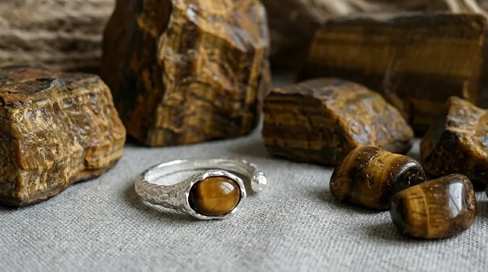 Tiger’s eye silver ring and natural stones