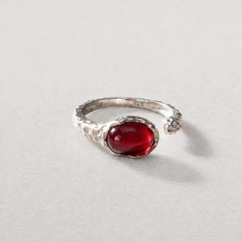 VEIN TRACE — Red Agate Hammered Open Ring in Silver